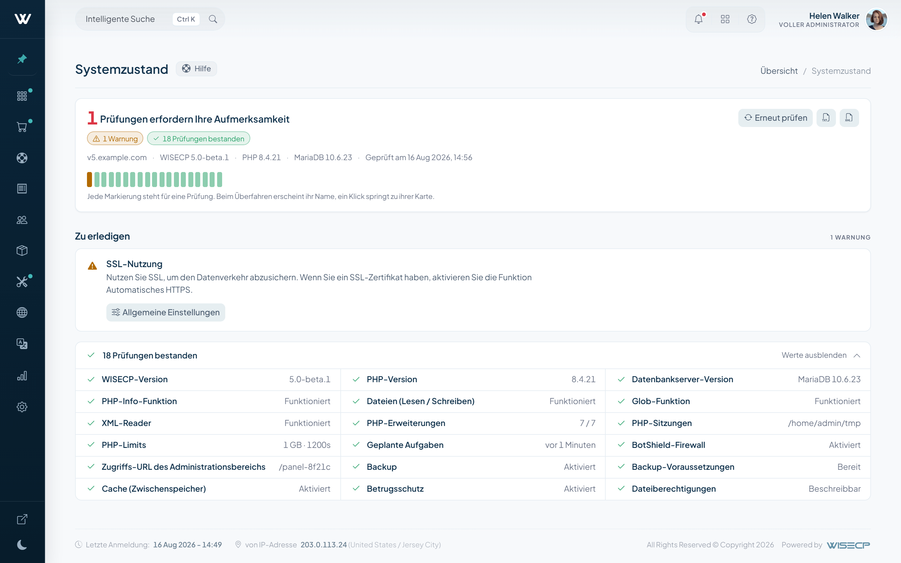 WISECP v5-Systemzustandsansicht mit klareren Diagnosen und Exportsteuerelementen
