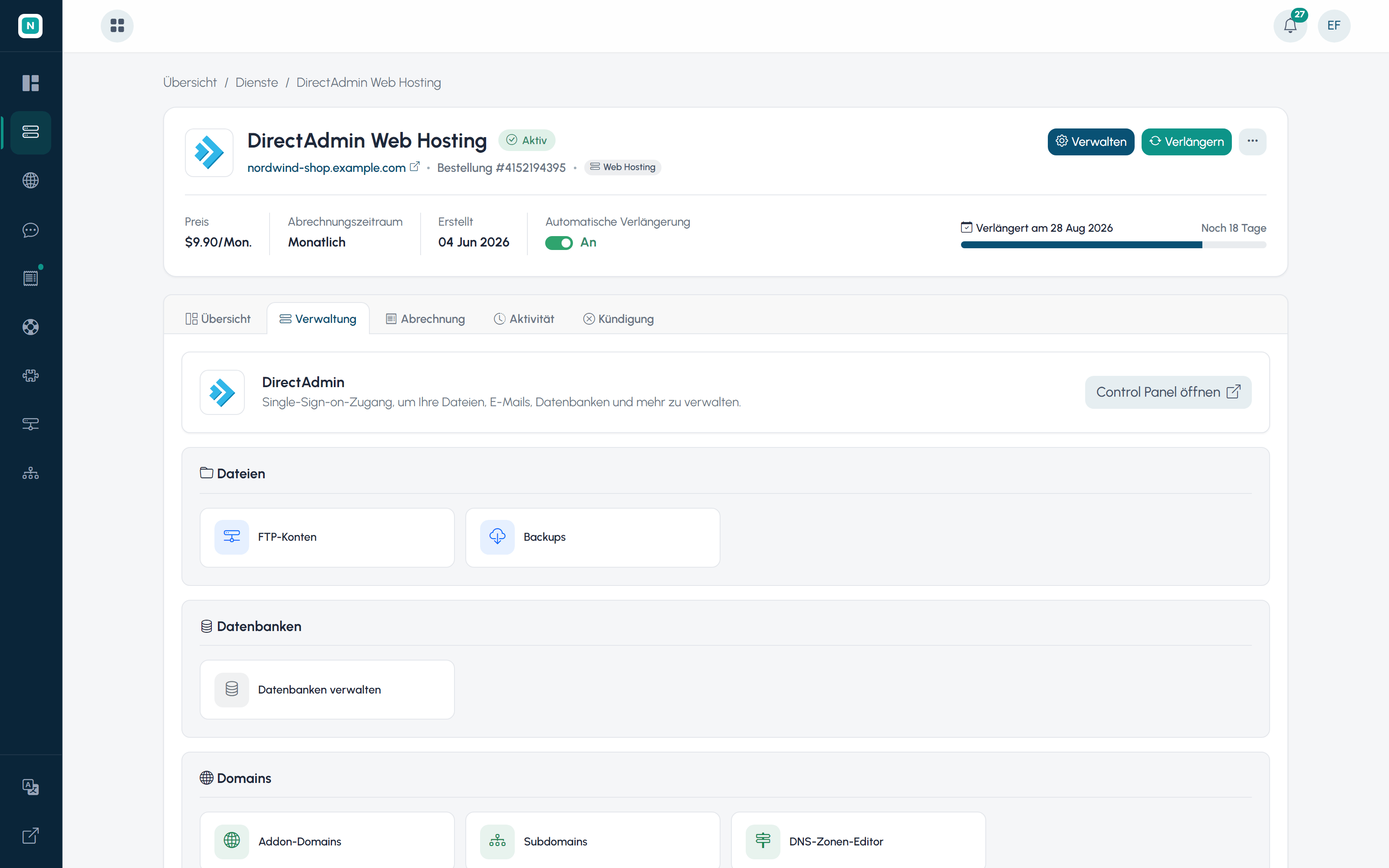 Dienstverwaltung mit Ein-Klick-Zugriff auf das cPanel-Control-Panel