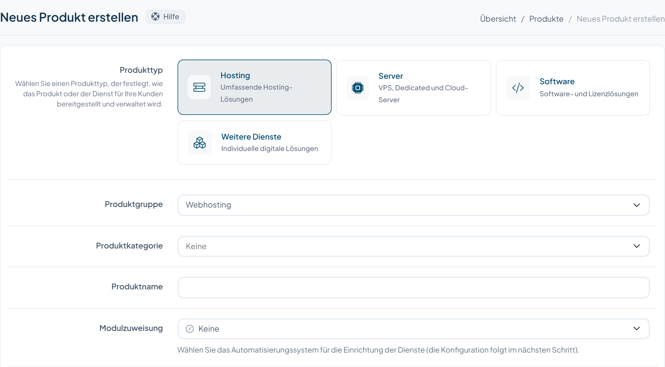 WISECP-Ansicht zur Produkterstellung mit den Produkttypen Hosting und Server
