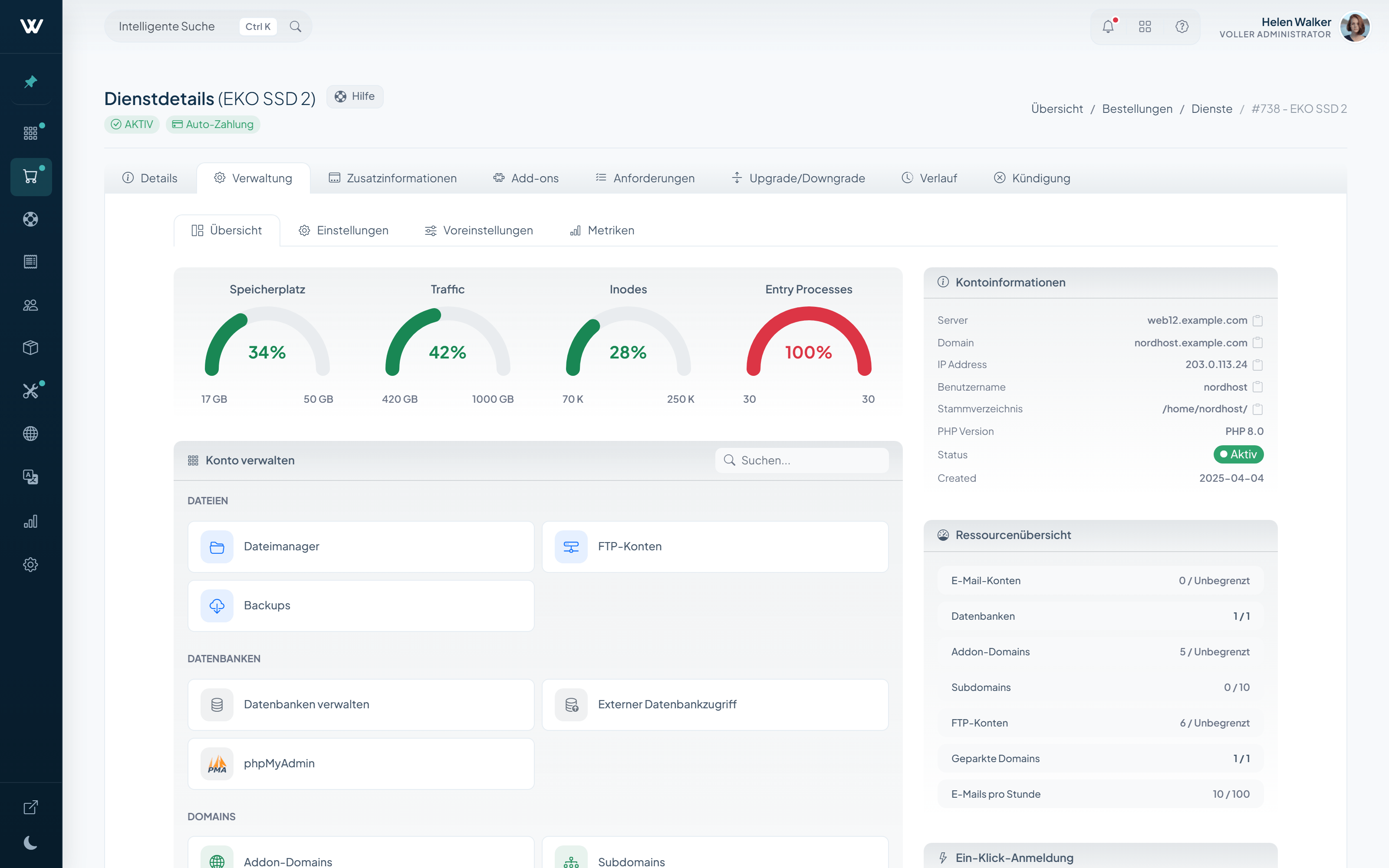 WISECP-Servicedetail, Reiter Verwaltung: Anzeigen für Speicher, Traffic, Inodes und Entry Processes neben den Kontrollpanel-Werkzeugen und den Kontodaten