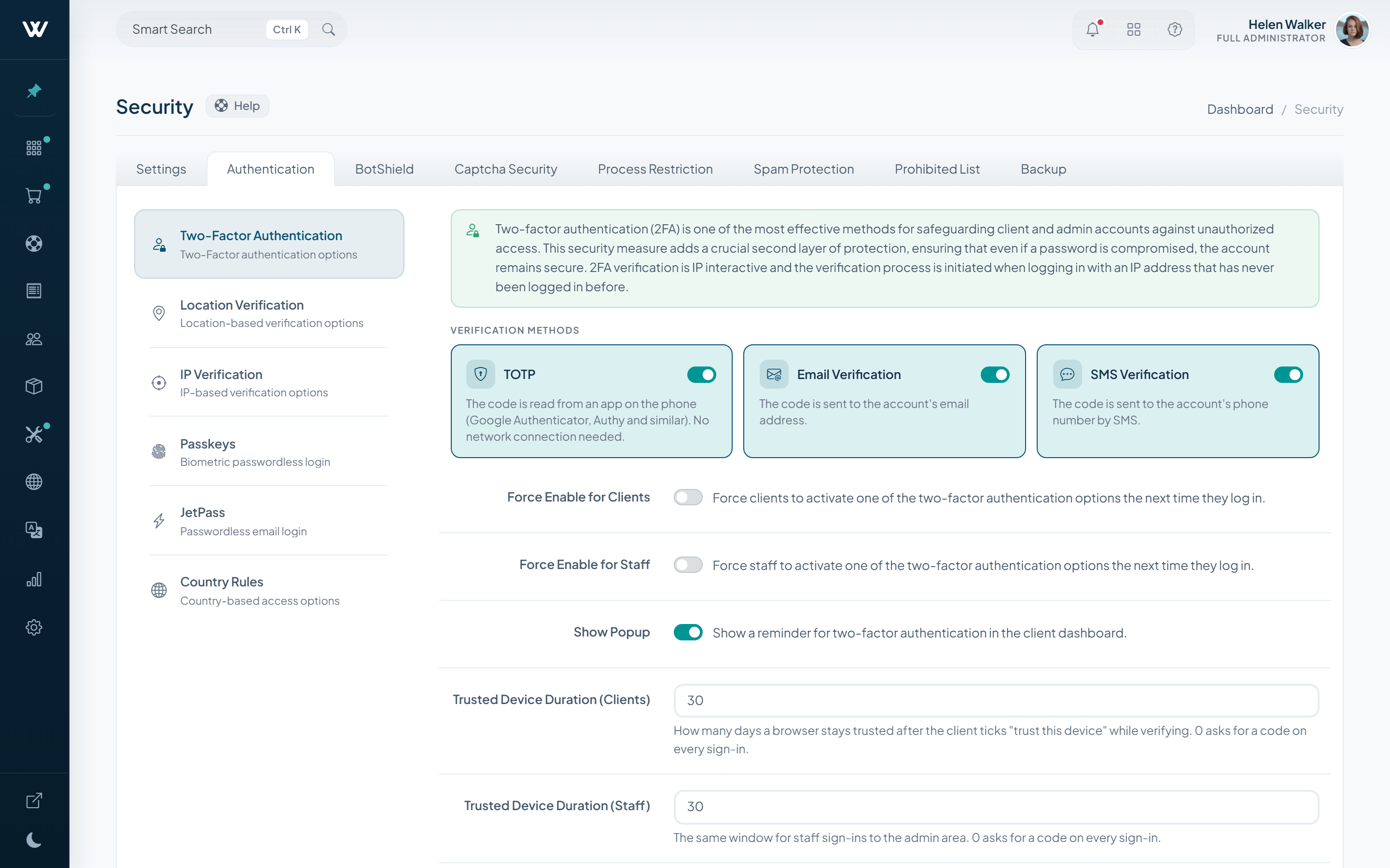 WISECP v5 authentication settings with two-factor, location and IP verification and JetPass