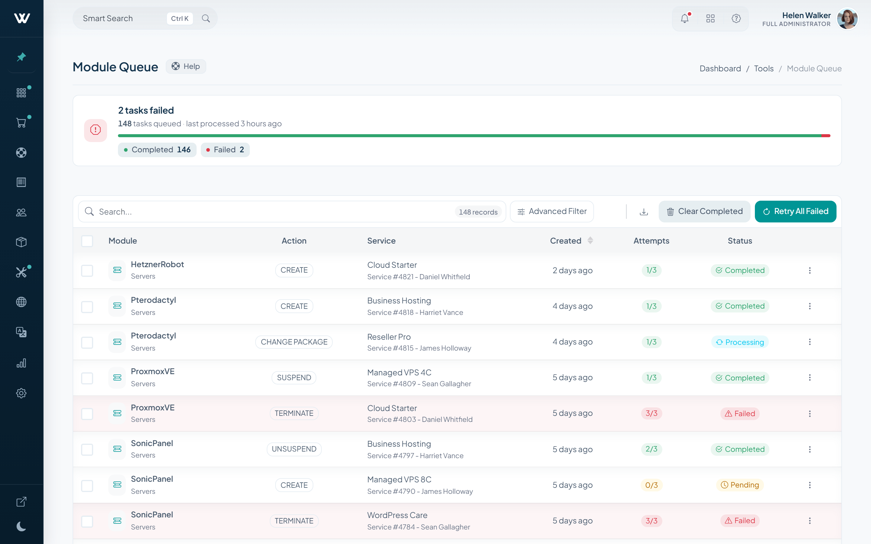 WISECP v5 Module Queue with job records, attempt counts and Retry All Failed