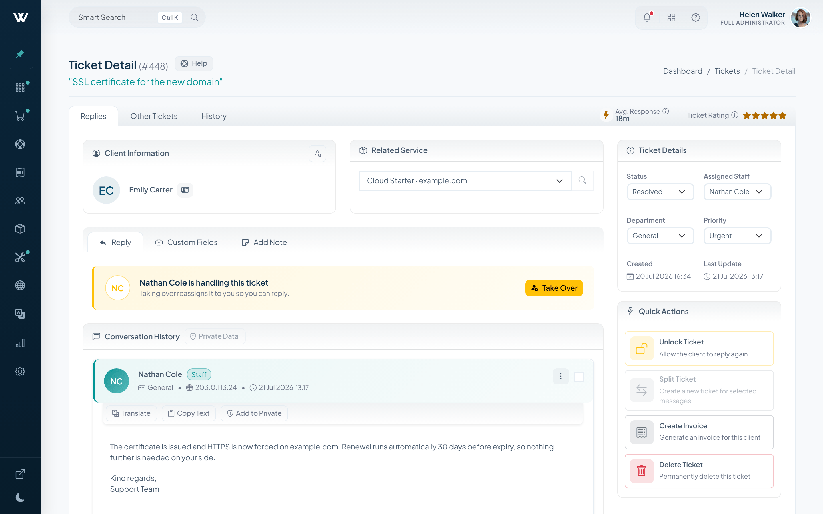 WISECP v5 ticket workbench with ownership, Quick Actions and message-level tools