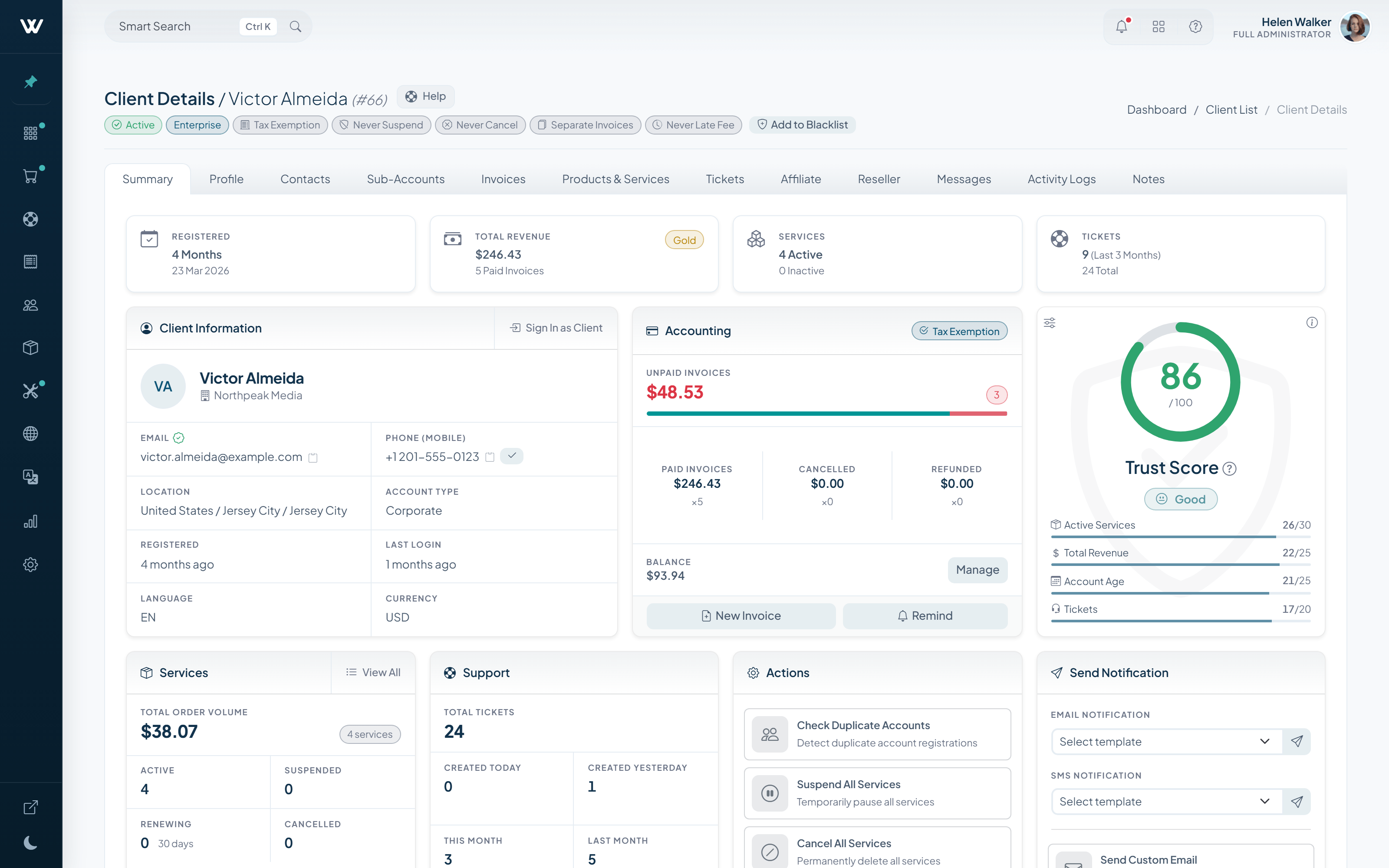 Client profile with a live trust score and accounting summary