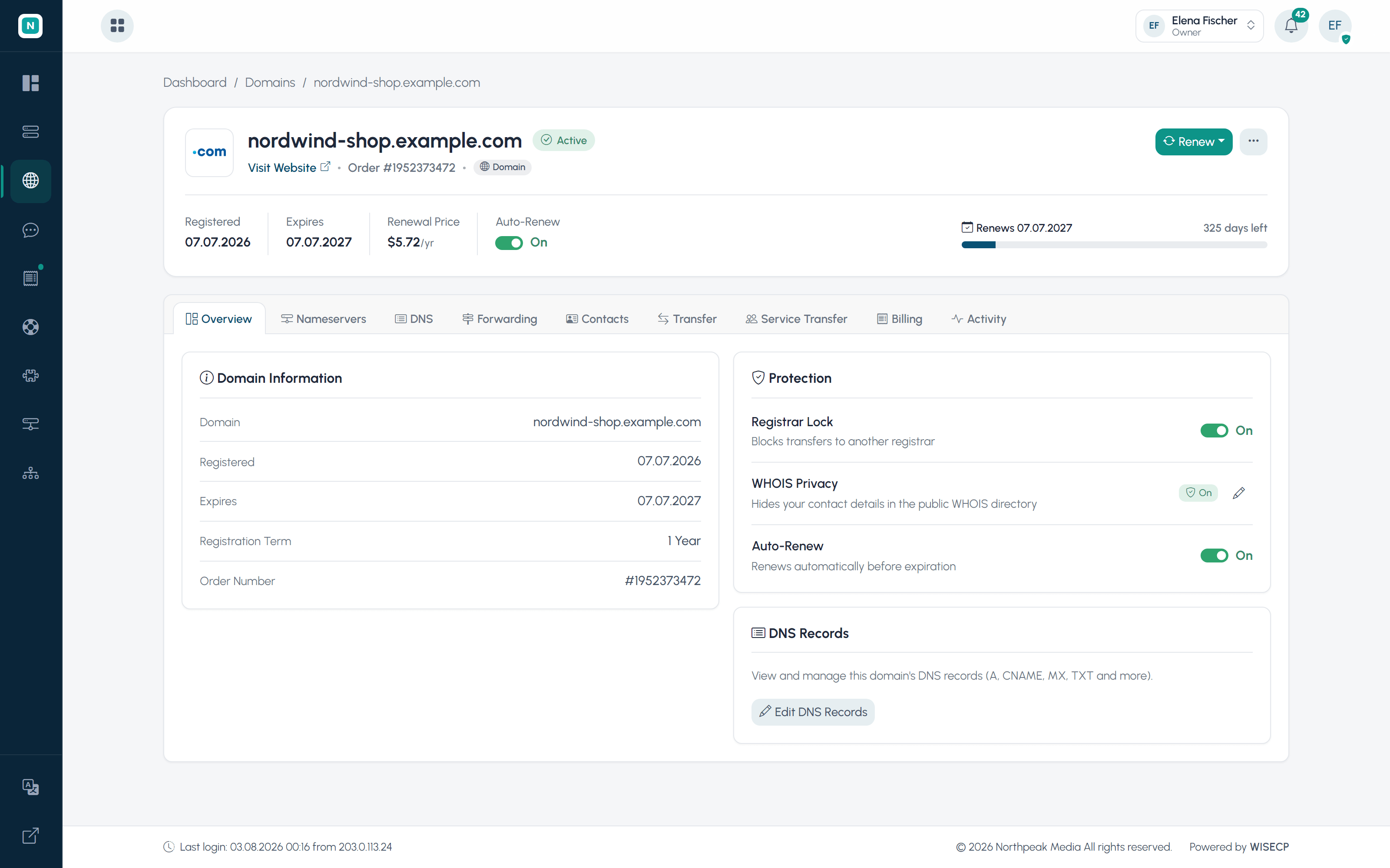 WISECP client domain management screen with renewal, nameserver, DNS and protection controls