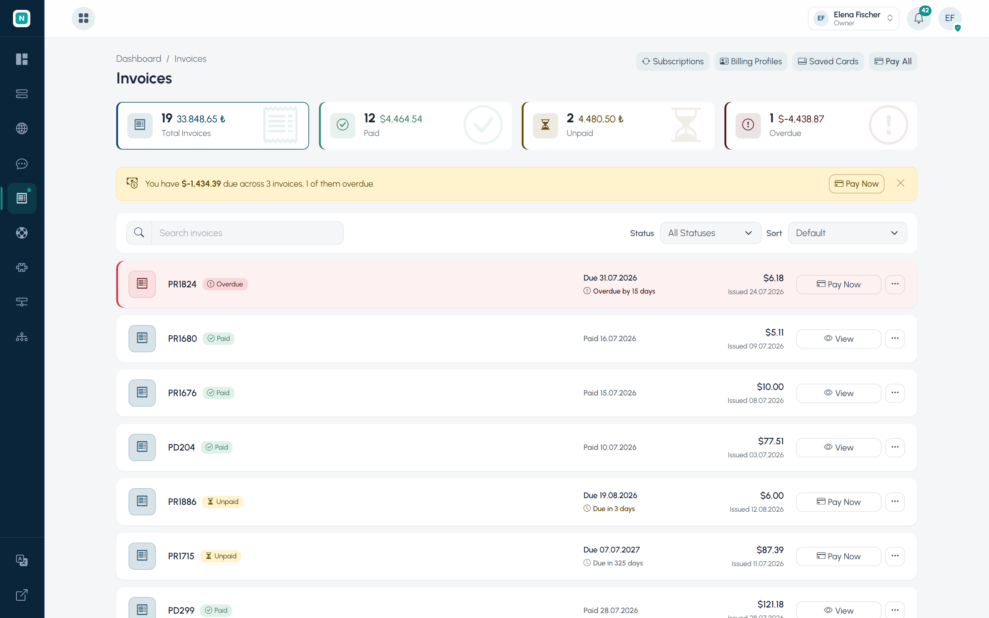 Client billing view with invoice statuses, pay all and saved cards