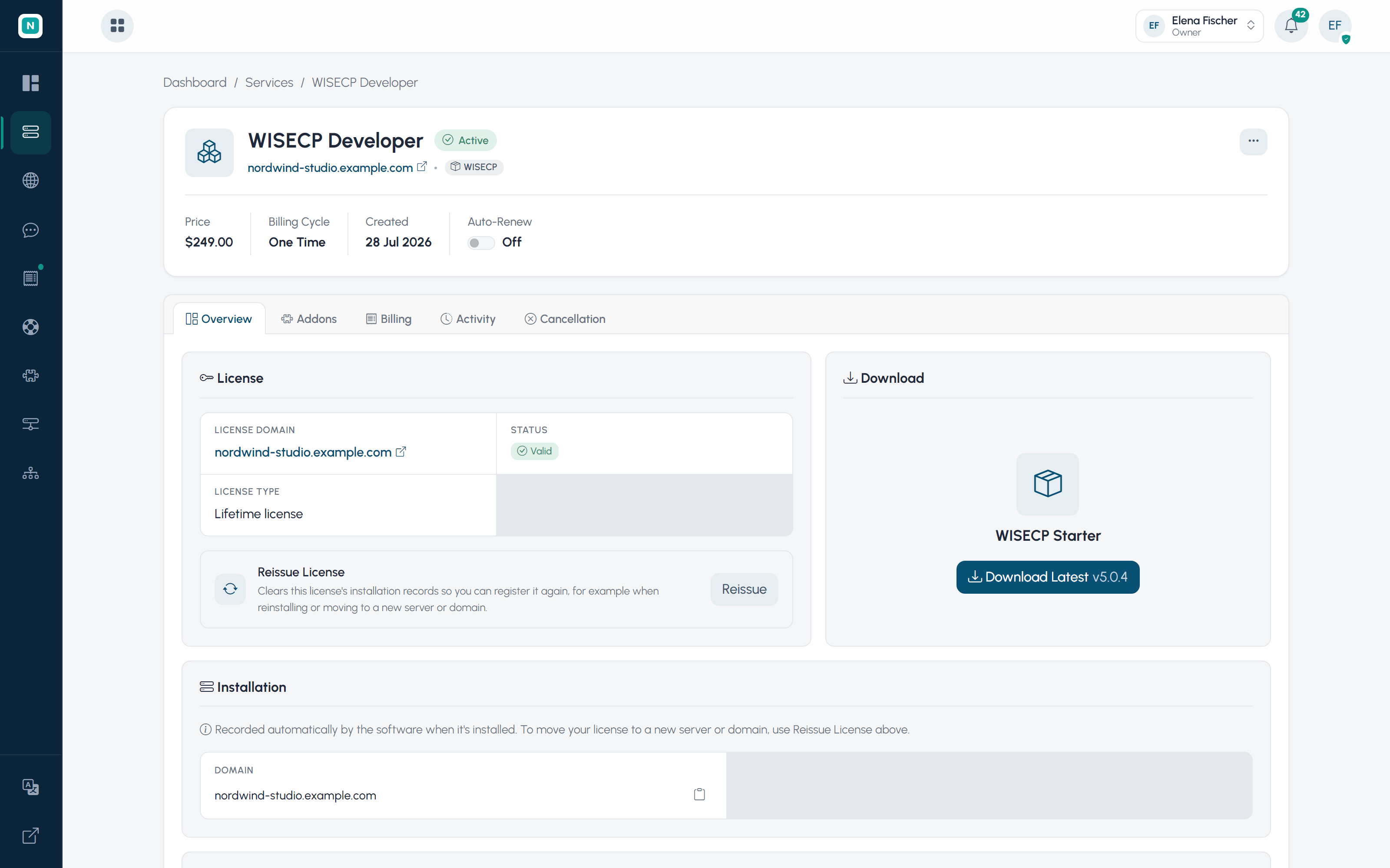 WISECP client software service screen with license details, downloads, support and service actions