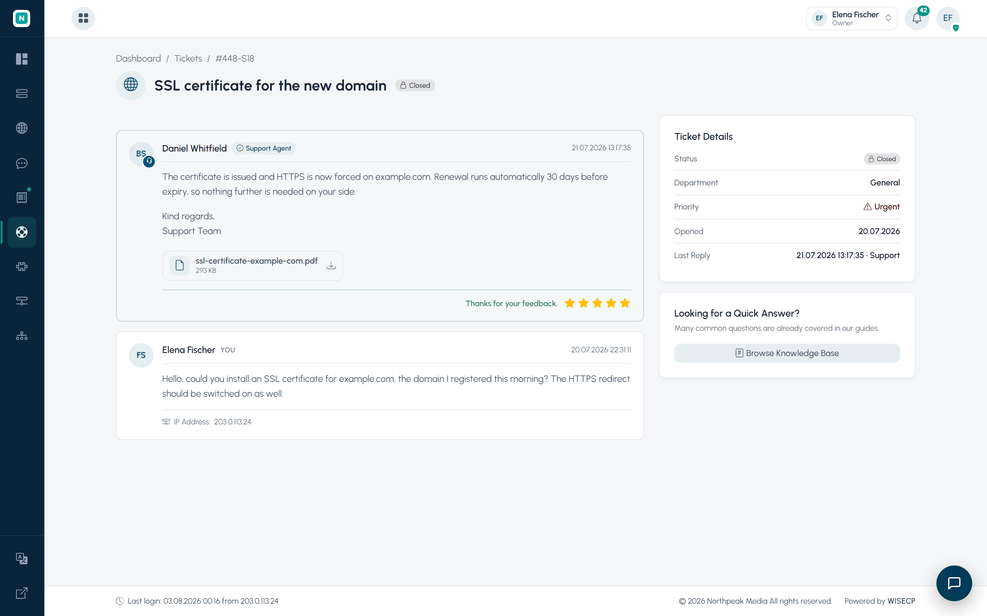 Support thread in the client panel with the staff reply, its attachment and a satisfaction rating