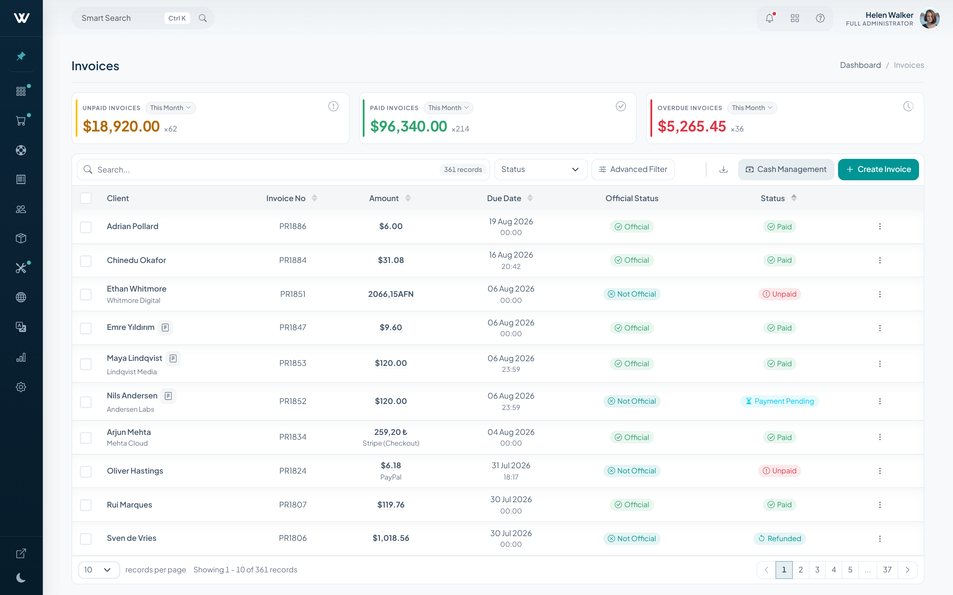 Invoice list with paid, unpaid and overdue summaries