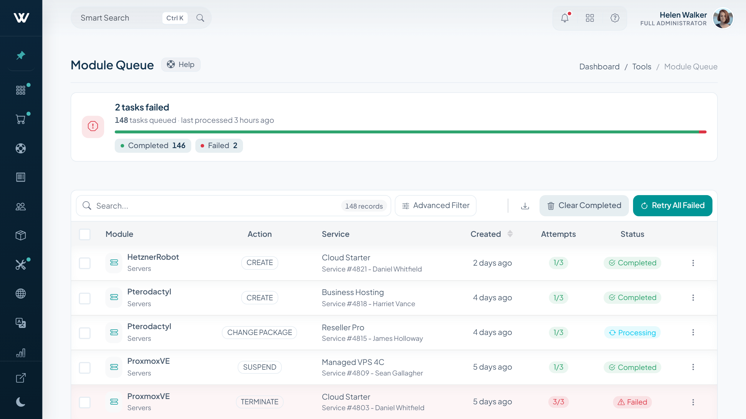 WISECP Module Queue showing pending, processing, completed and failed provisioning jobs with retry controls