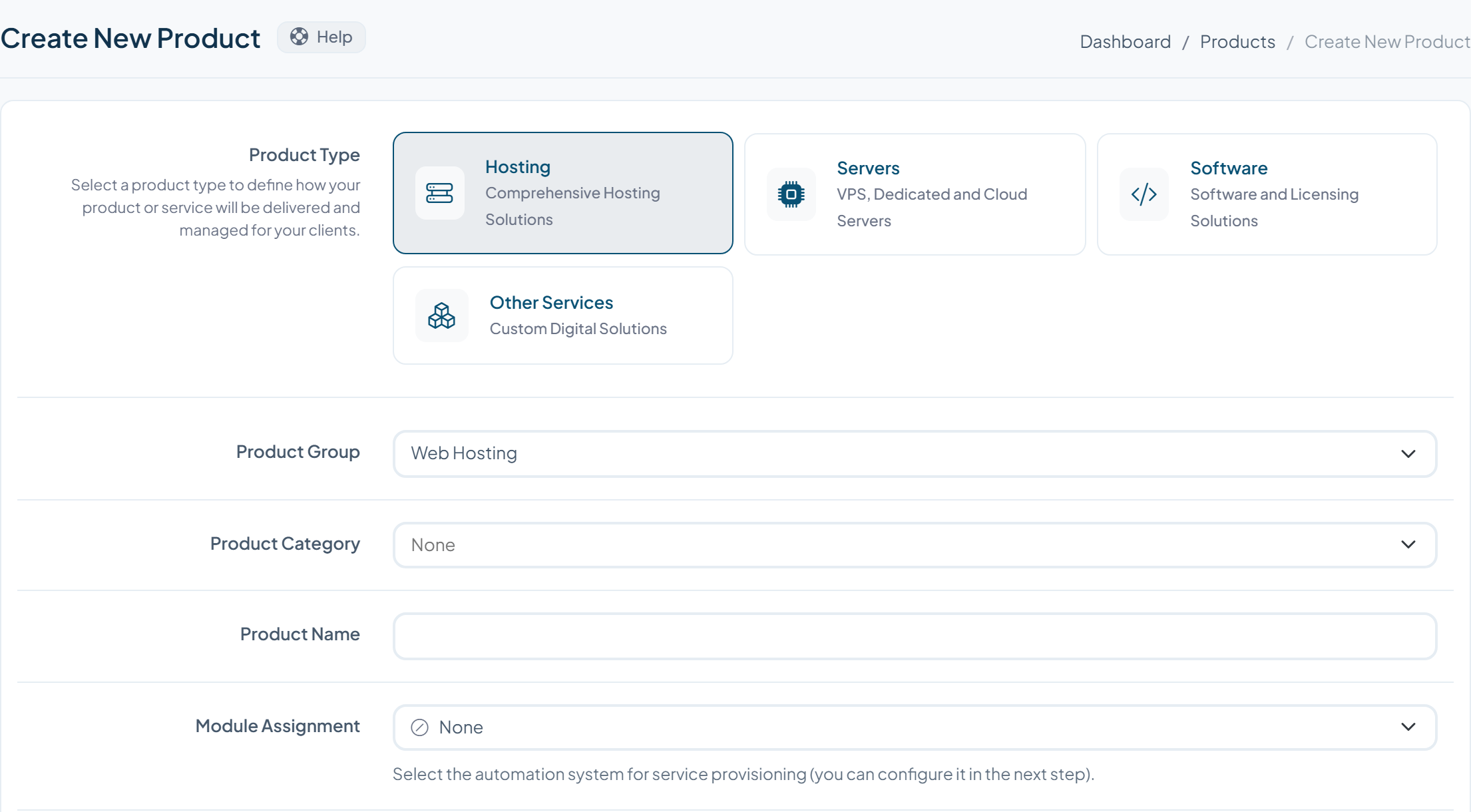 WISECP product creation screen with hosting and server product types