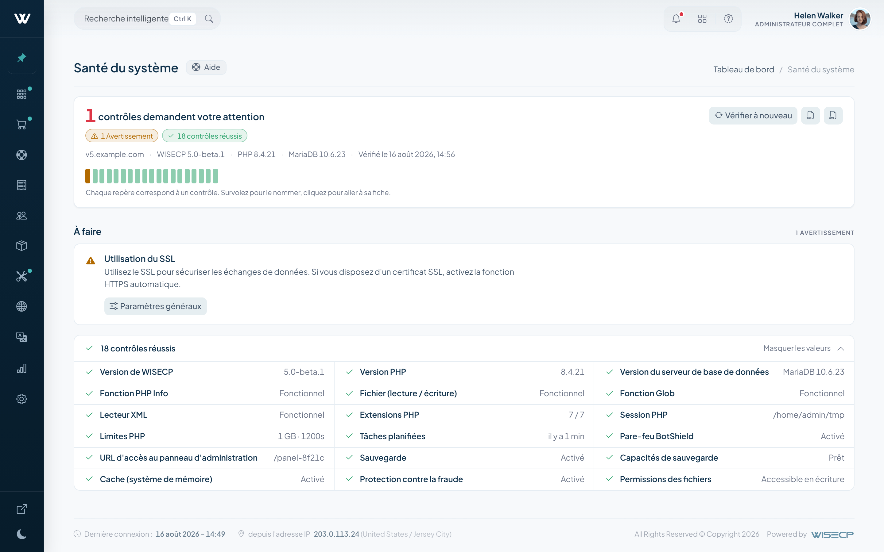 Vue de la santé du système WISECP v5 avec des diagnostics plus clairs et des contrôles d'export