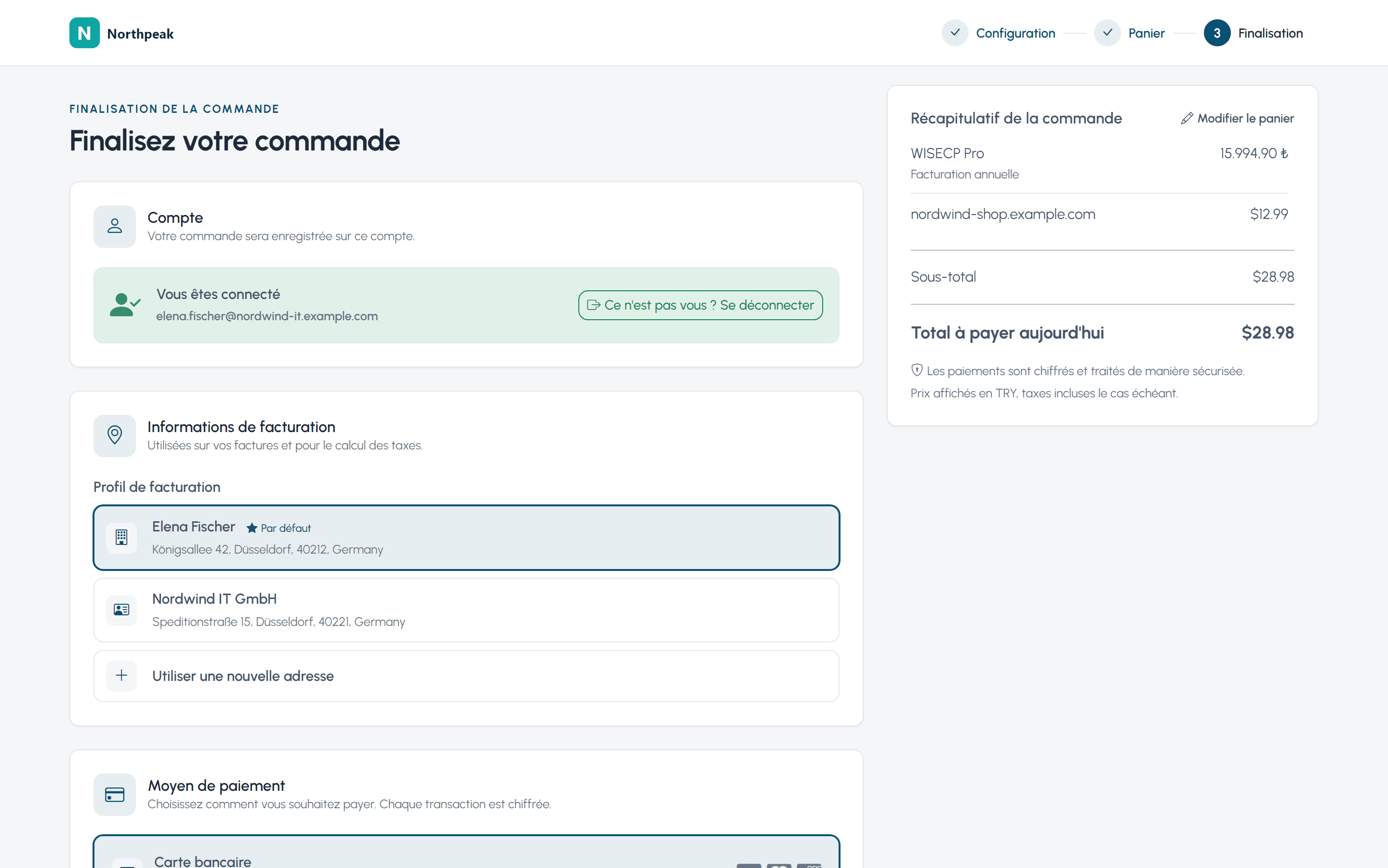 Finalisation de commande WISECP avec le récapitulatif en colonne de page, mise en page Carte