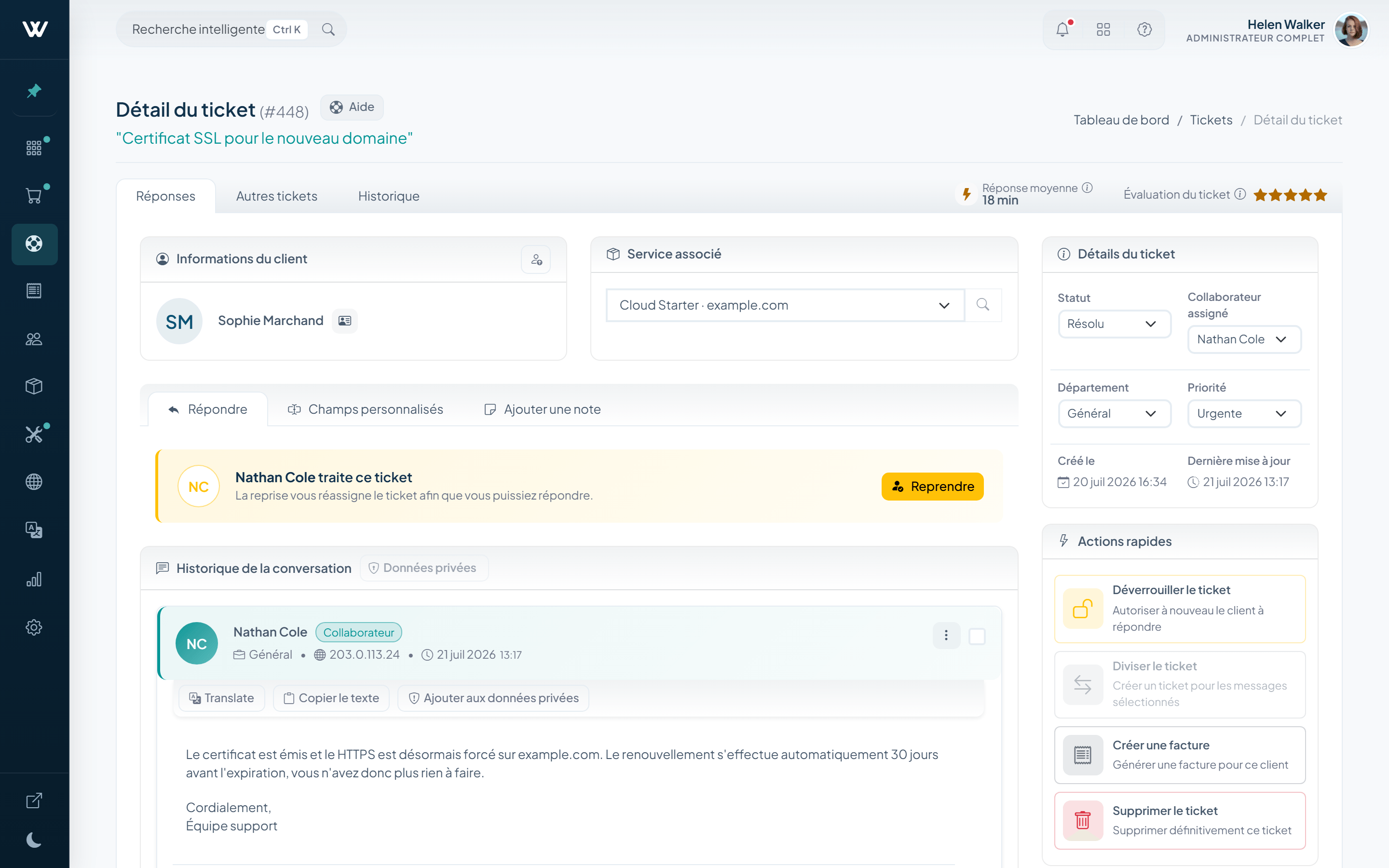 Espace de travail des tickets WISECP v5 avec l'attribution, les actions rapides et les outils au niveau du message