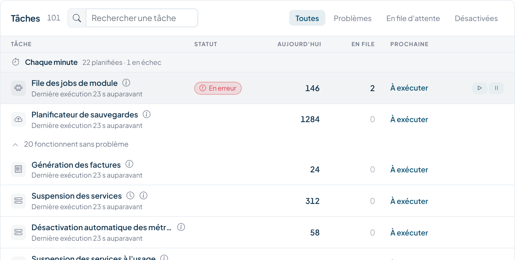 Tableau de bord de l'automatisation WISECP avec tâches consultables regroupées par planification, des filtres de tâches et des commandes d'exécution ou de pause par tâche