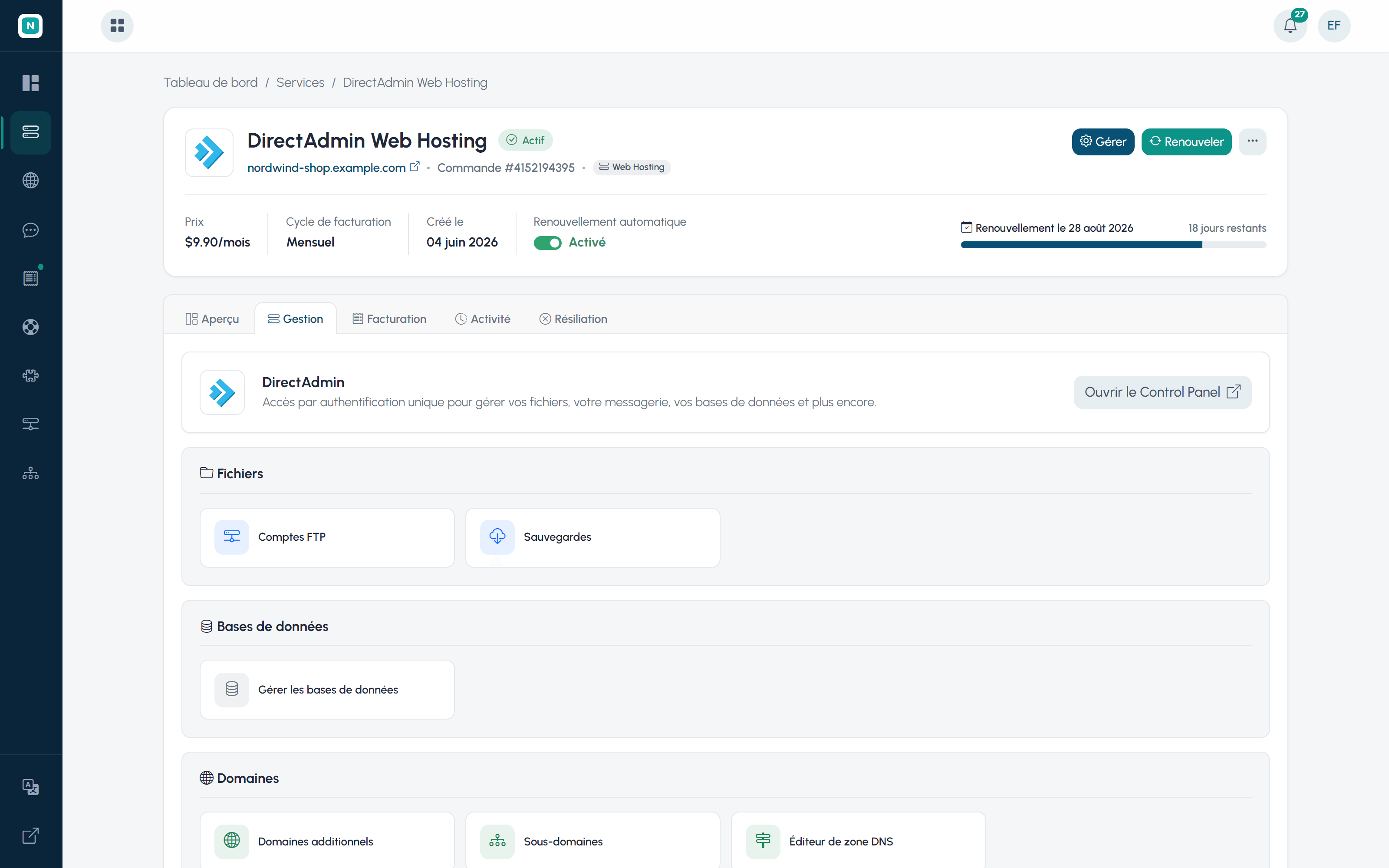 Écran de gestion des services avec accès en un clic au panneau de contrôle cPanel