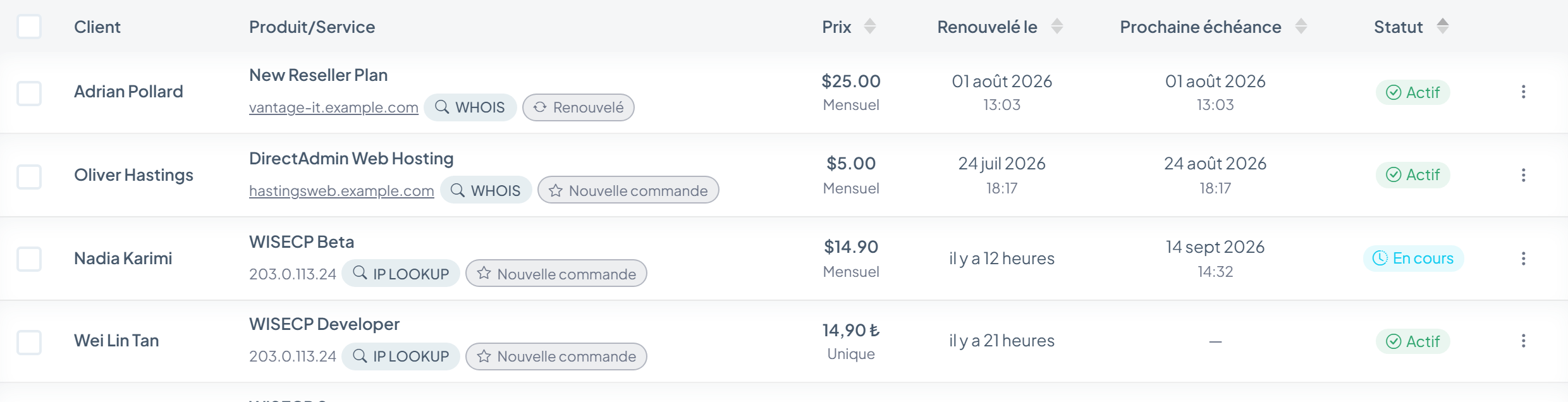 Liste des services WISECP avec le client, la date de commande, le montant, le paiement et l'état actif du service
