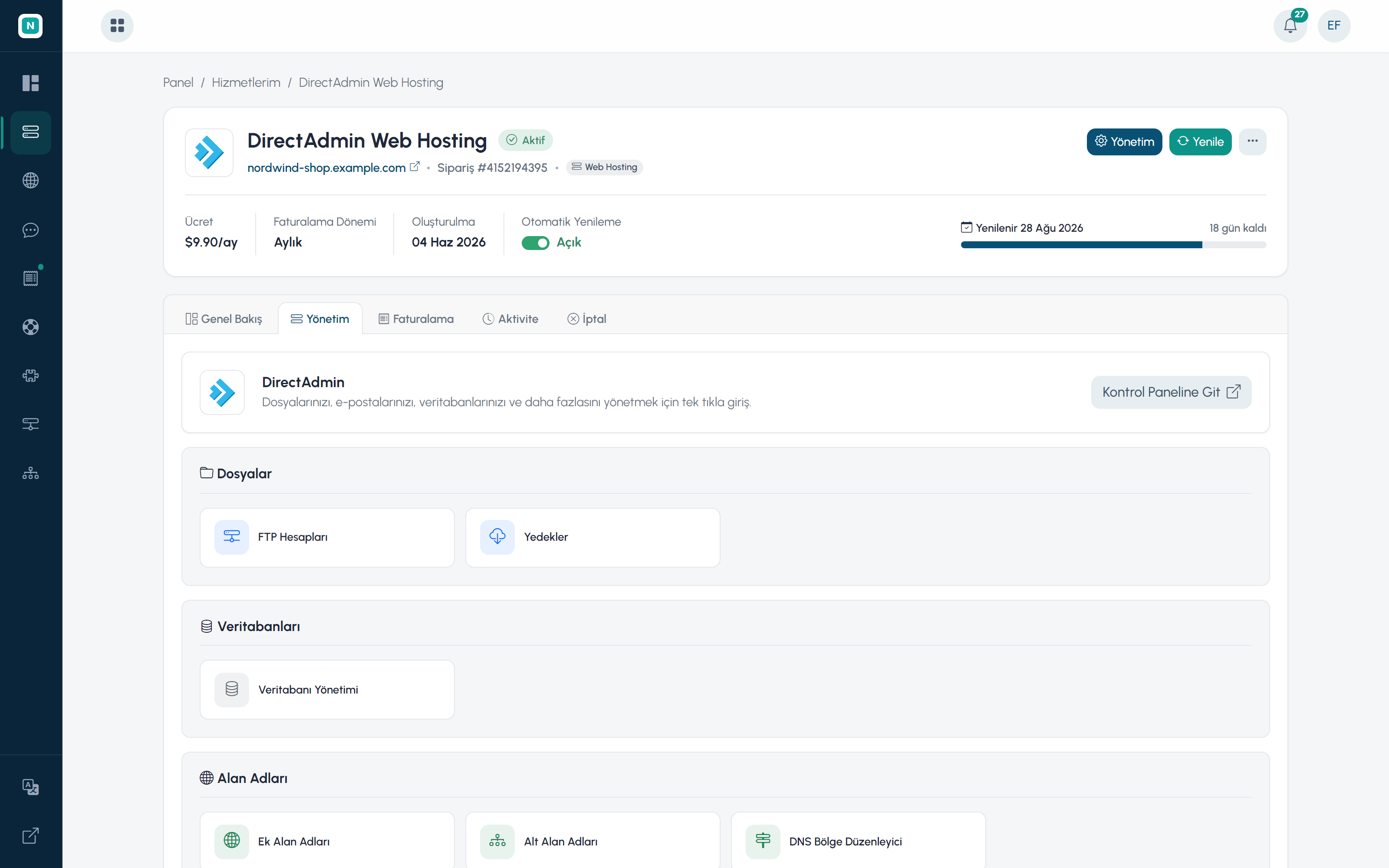 Tek tıkla cPanel erişimli hizmet yönetim ekranı