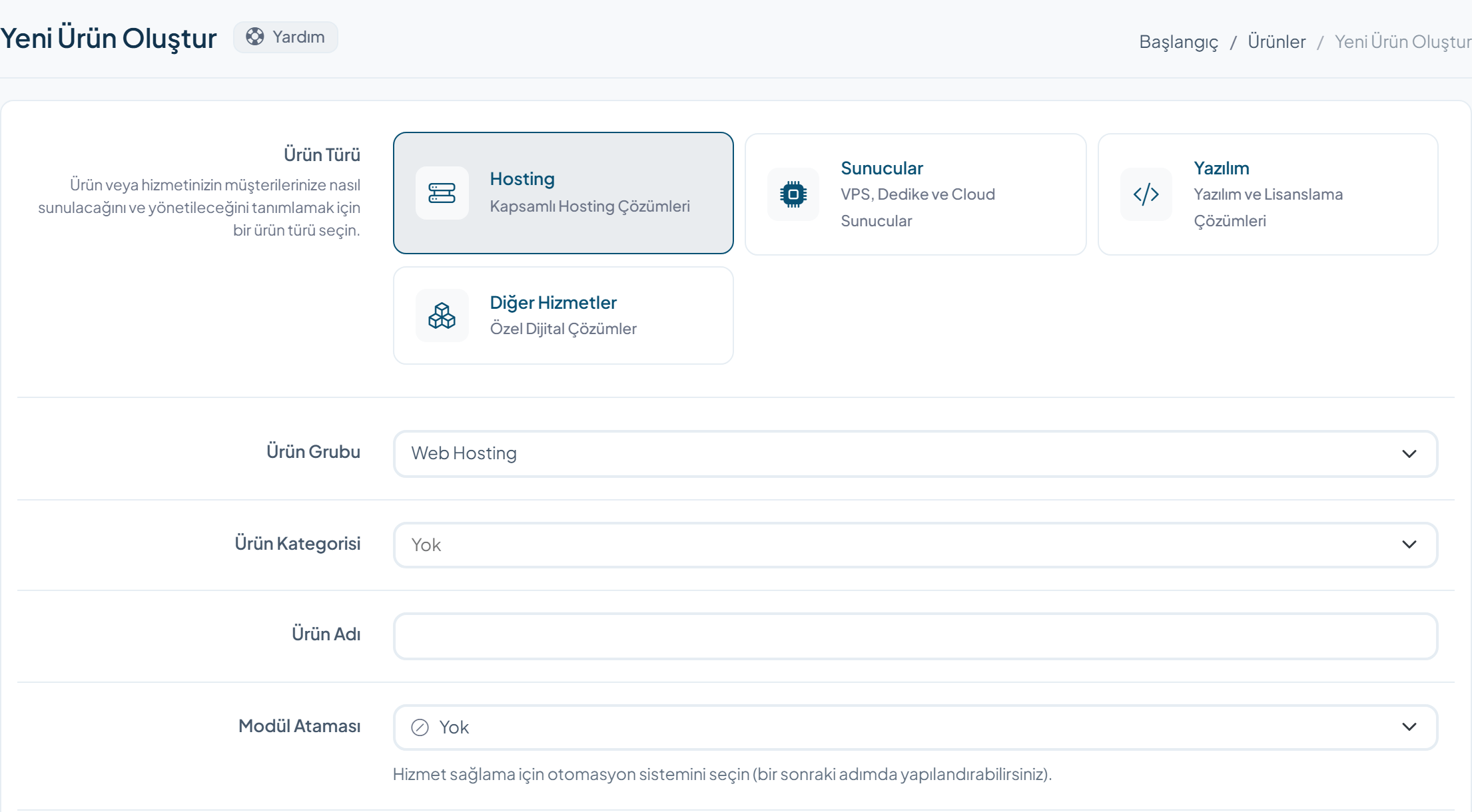 Hosting ve sunucu ürün tipleriyle WISECP ürün oluşturma ekranı